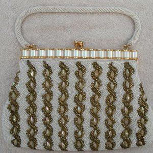 Vintage Gold and White Glass Beaded Evening Bag